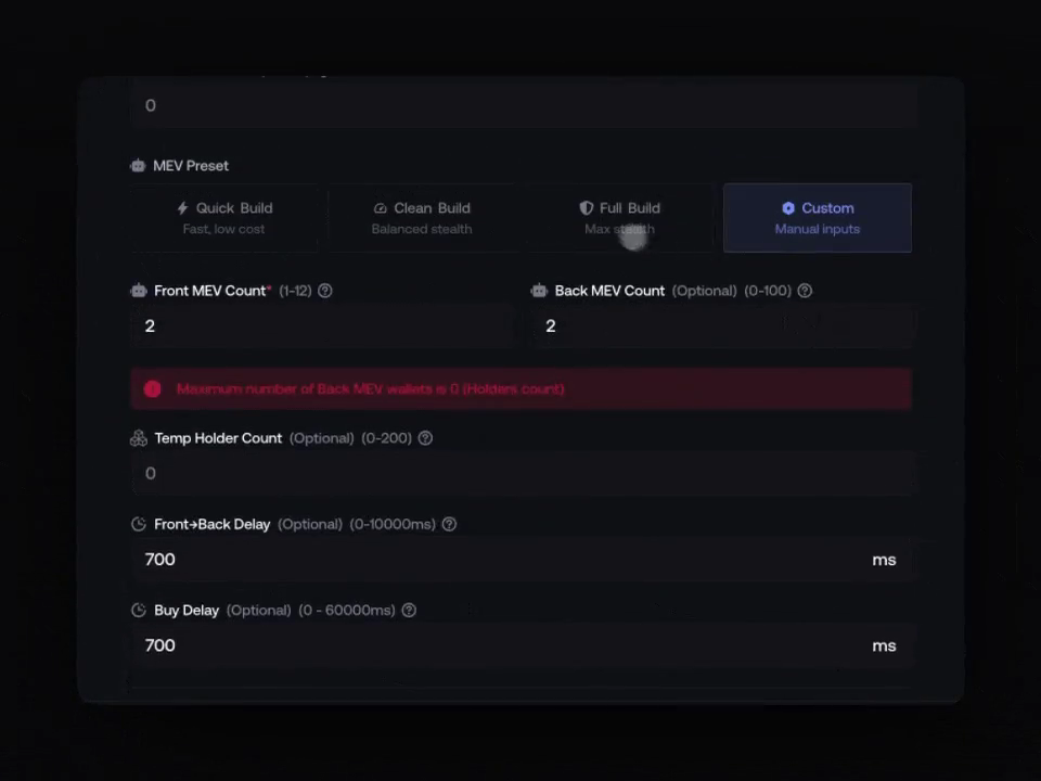 Real Custom Block-0 preset with editable wallet counts and delays