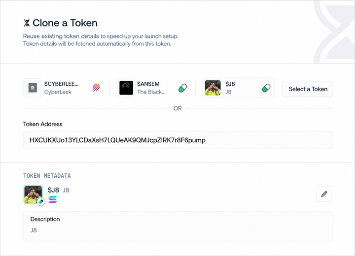 Clone a Token page with the source token address and token details loaded