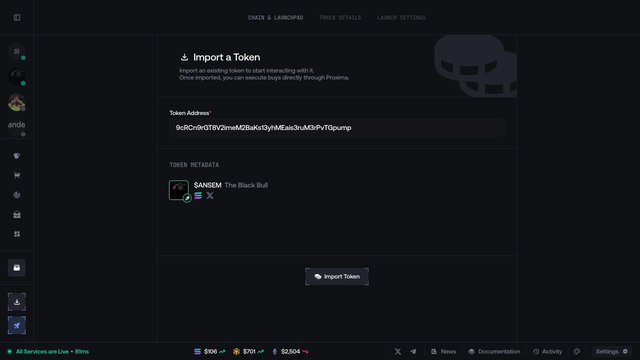 Ansembull loaded on the Import a Token page in Proxima