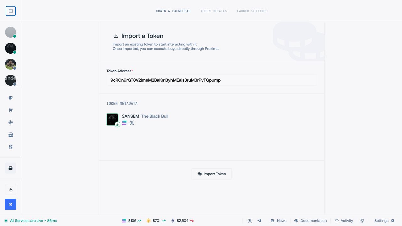 Ansembull loaded on the Import a Token page in Proxima