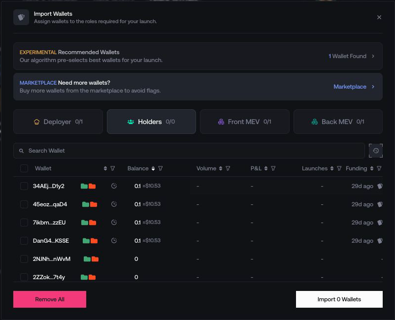 Import Wallets panel open in Proxima Launch Settings