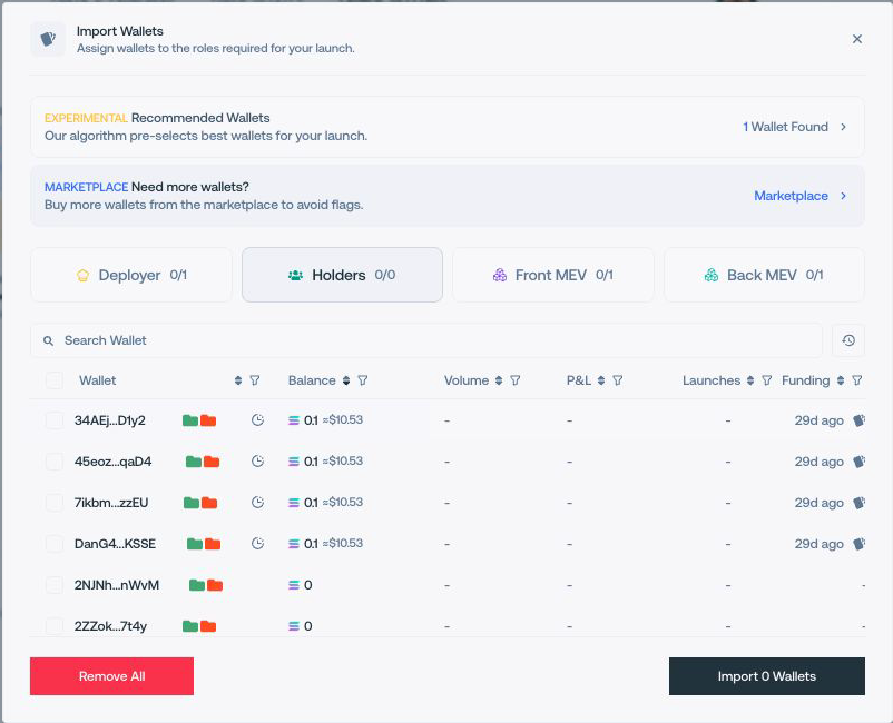 Import Wallets panel open in Proxima Launch Settings