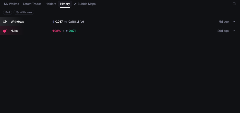 Real launch History tab used to verify completed reward and fee actions