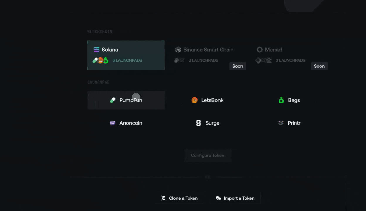 Selecting a network and launchpad in Proxima