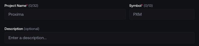 Token name, symbol, and description fields