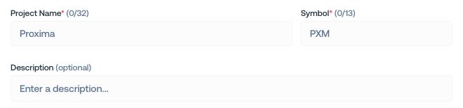 Token name, symbol, and description fields