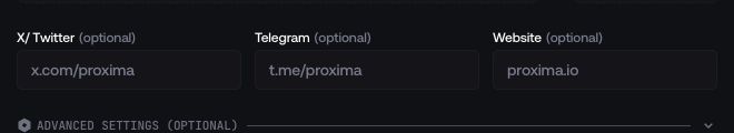 Optional X, Telegram, and website fields
