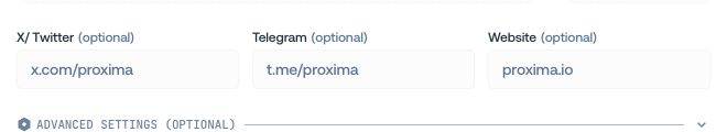 Optional X, Telegram, and website fields